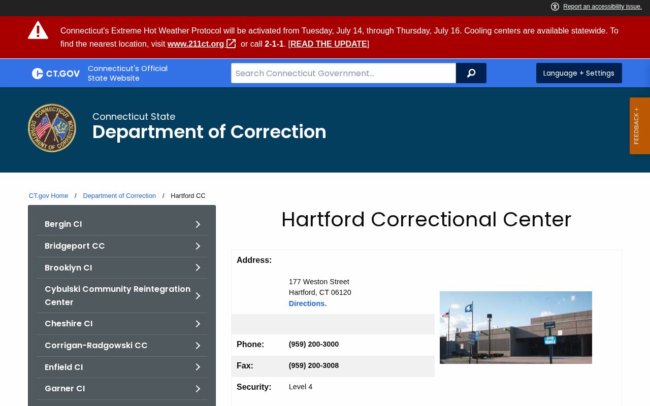 Hartford Correctional Center official release and facility information