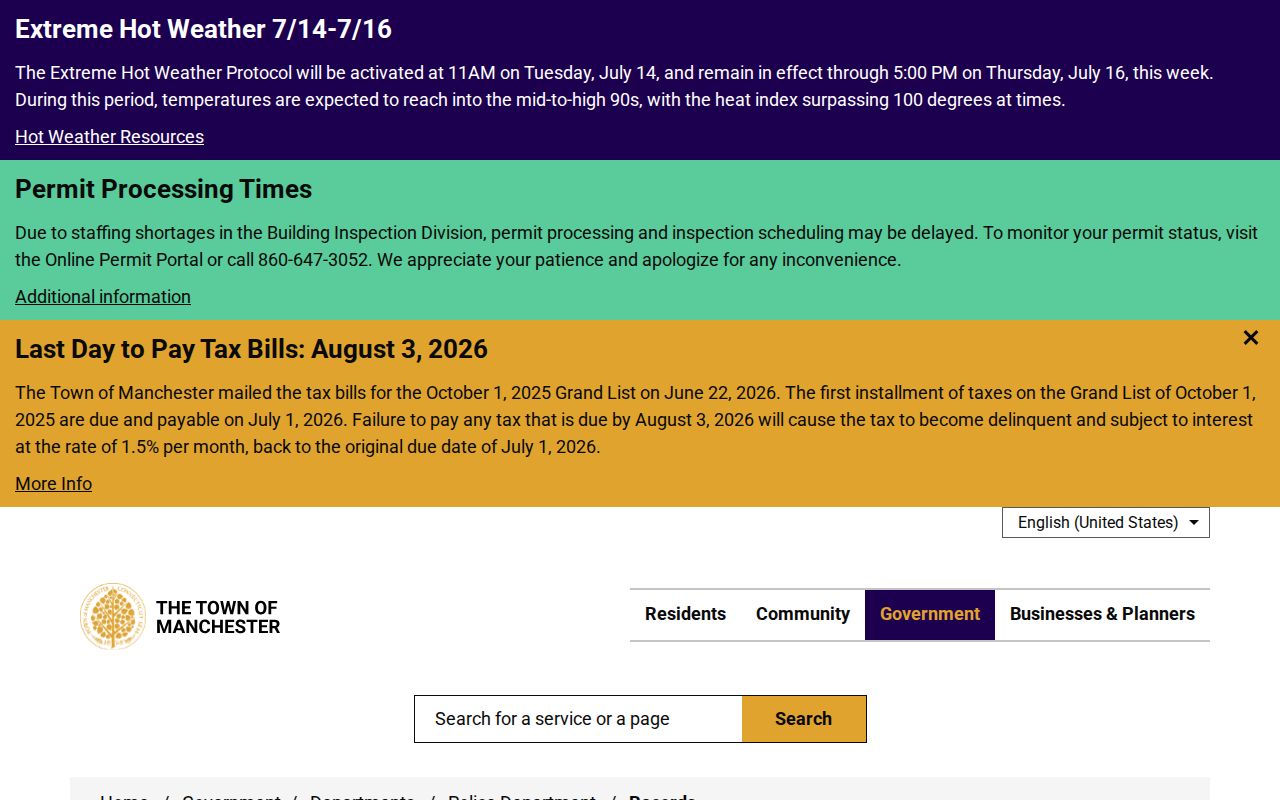 Manchester Police Department arrest release records request page