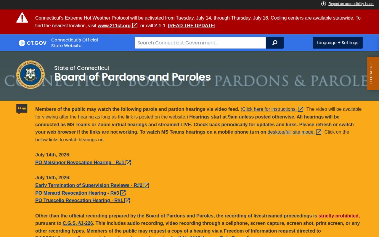 Connecticut Board of Pardons and Paroles Manchester release records